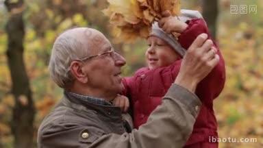 <strong>开朗</strong>帅气的爷爷带着可爱的孙子在公园里玩枫叶可爱的学步男孩和深情的爷爷